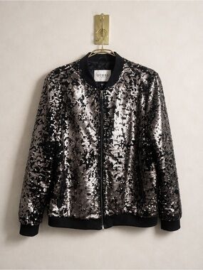 GUESS Sequin Bomber Jacket — Black and Silver